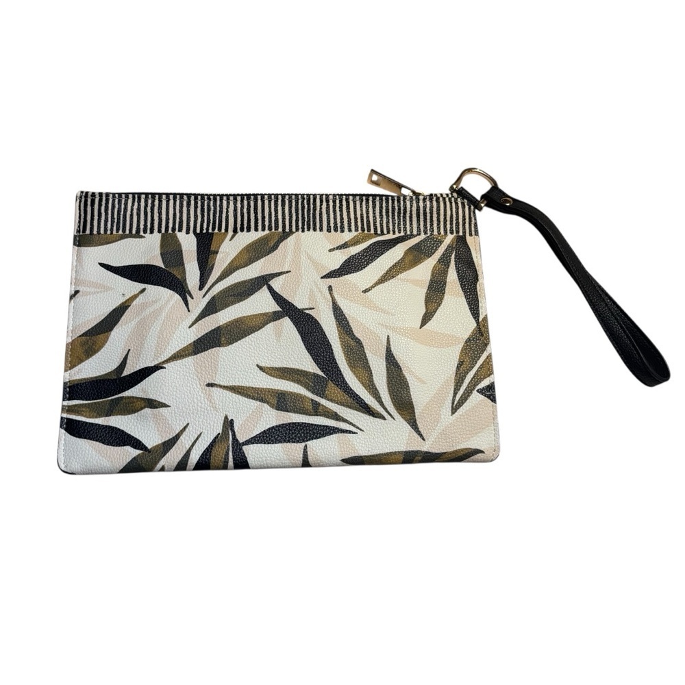 A New Day Wristlet Black White Green Taupe Tropical Leaf Vegan Cloth Interior